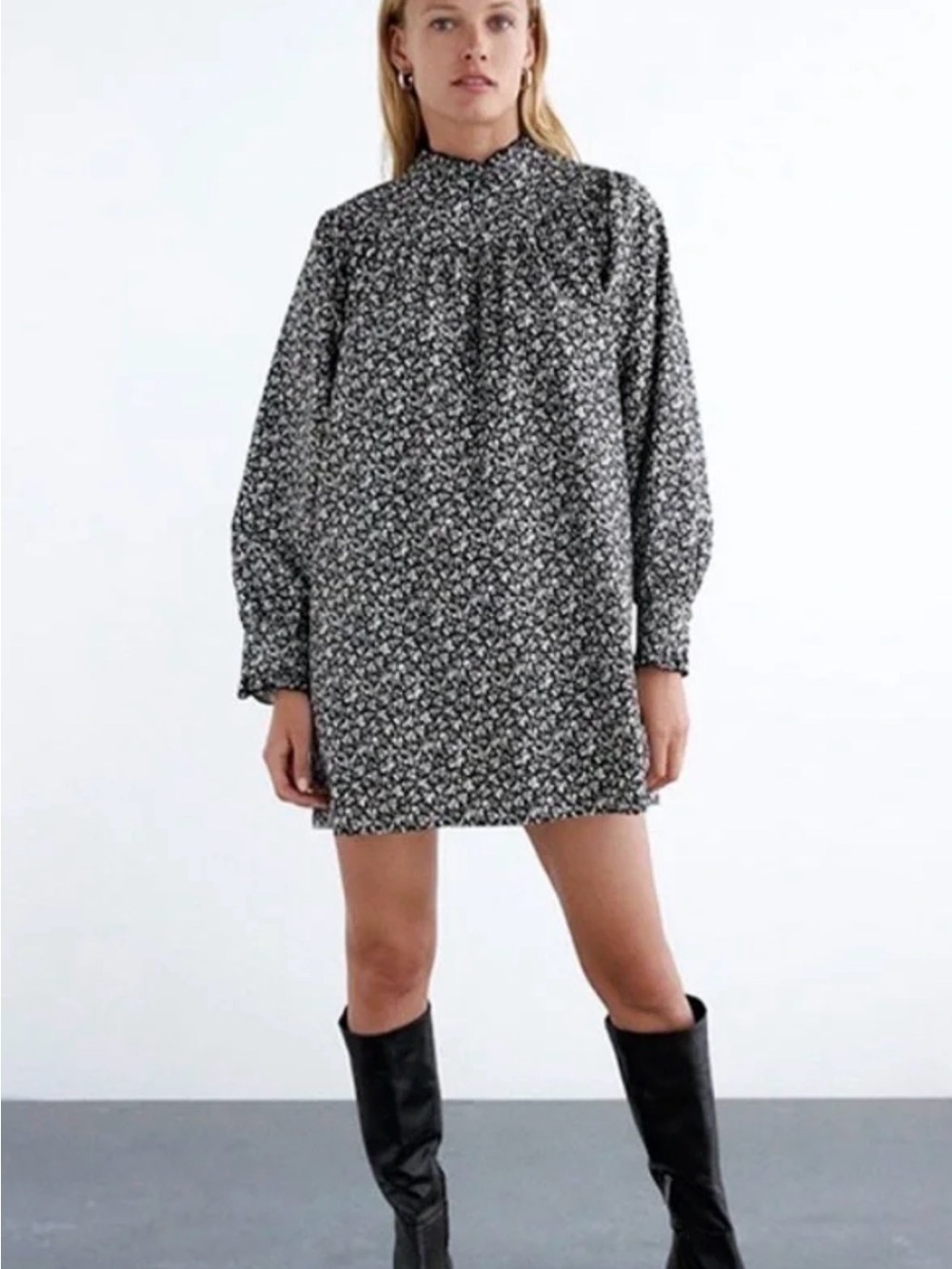 ZARA BLACK WHITE FLORAL RUFFLE LOOSE FIT COTTON MINI DRESS
